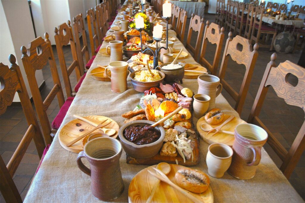 Medieval meal board ready to serve