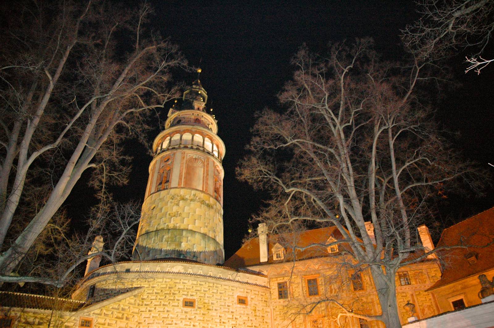 Cesky Krumlov Castle tower by night